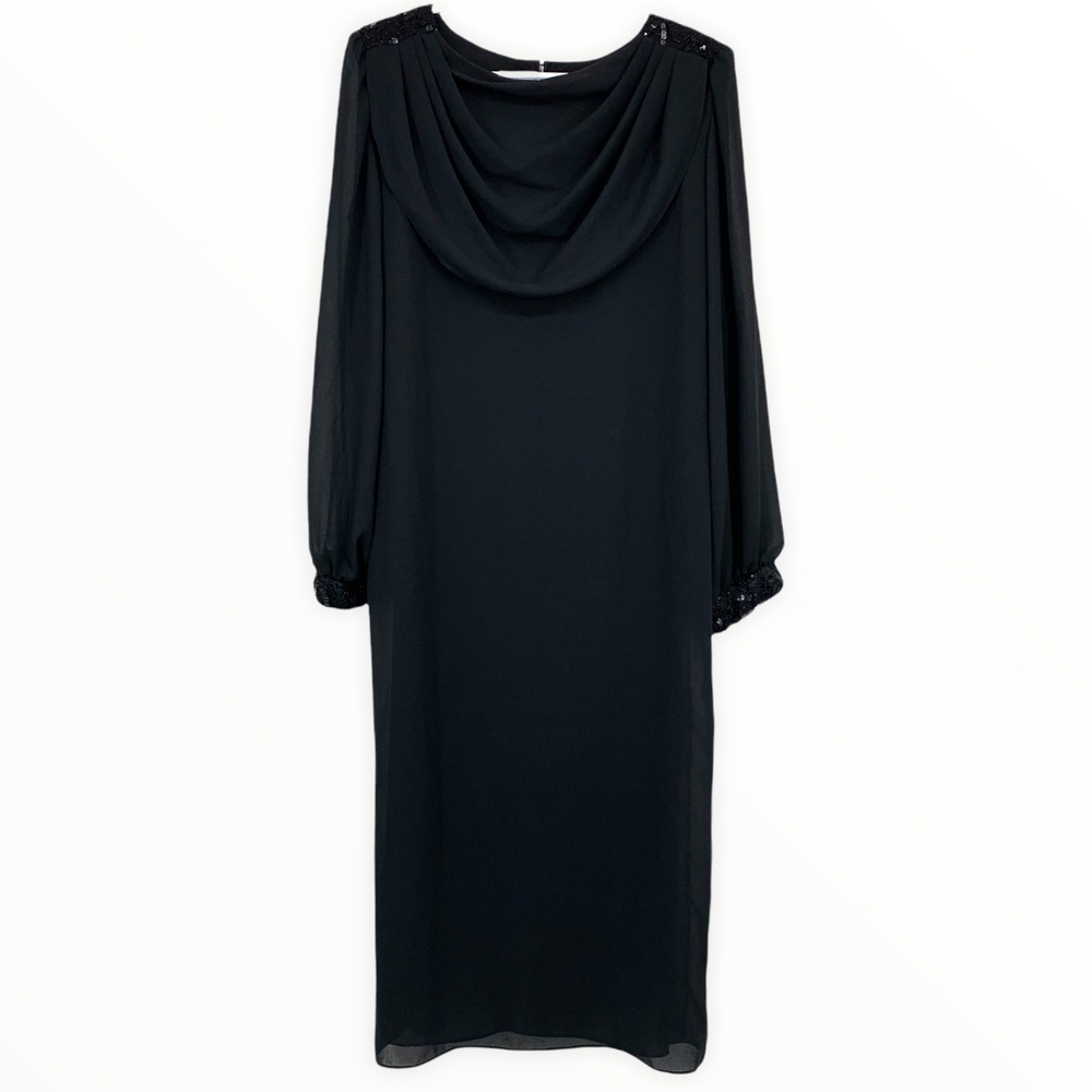 Vintage Toni Todd Dress Womens Black Sheer Chiffon Rhinestone Long Sleeve Maxi